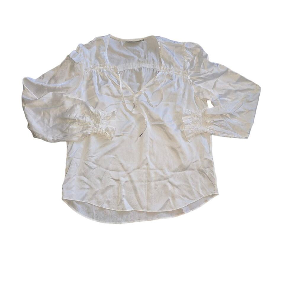Go By Go Silk V-Neck Flowy White Elastic Cuffs L Lightweight Popover 100% Silk - Picture 1 of 8
